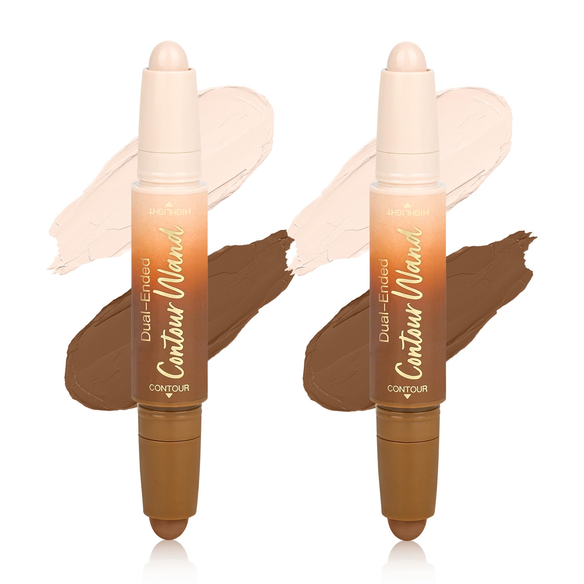 2Pcs Contour Highlighter Stick，2-in-1 Dual-Ended Cream Bronzer & Highlighter Sticks Pen for Face Body Contouring Makeup- Buildable，Waterproof, Easy to Apply Suitable for Beginners(01+01)
