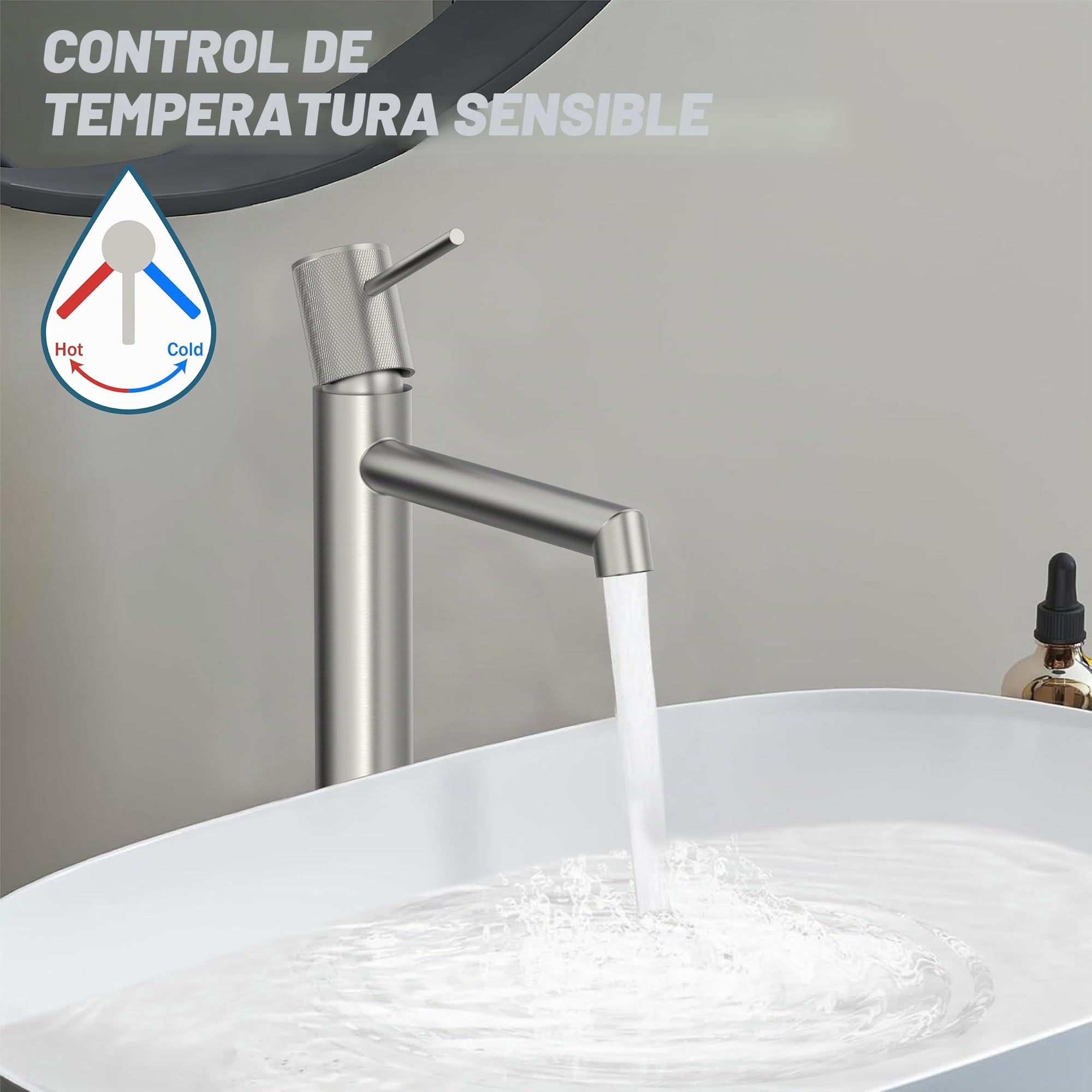 Krobec Grifo Lavabo Alto,Grifo Baño Alto, Grifo Monomando para Lavabo Alto con Altura de Salida de 250 MM, Cartucho Cerámico, para el Lavabo del Baño, Lavamanos, Baño de Invitados(Níquel cepillado)