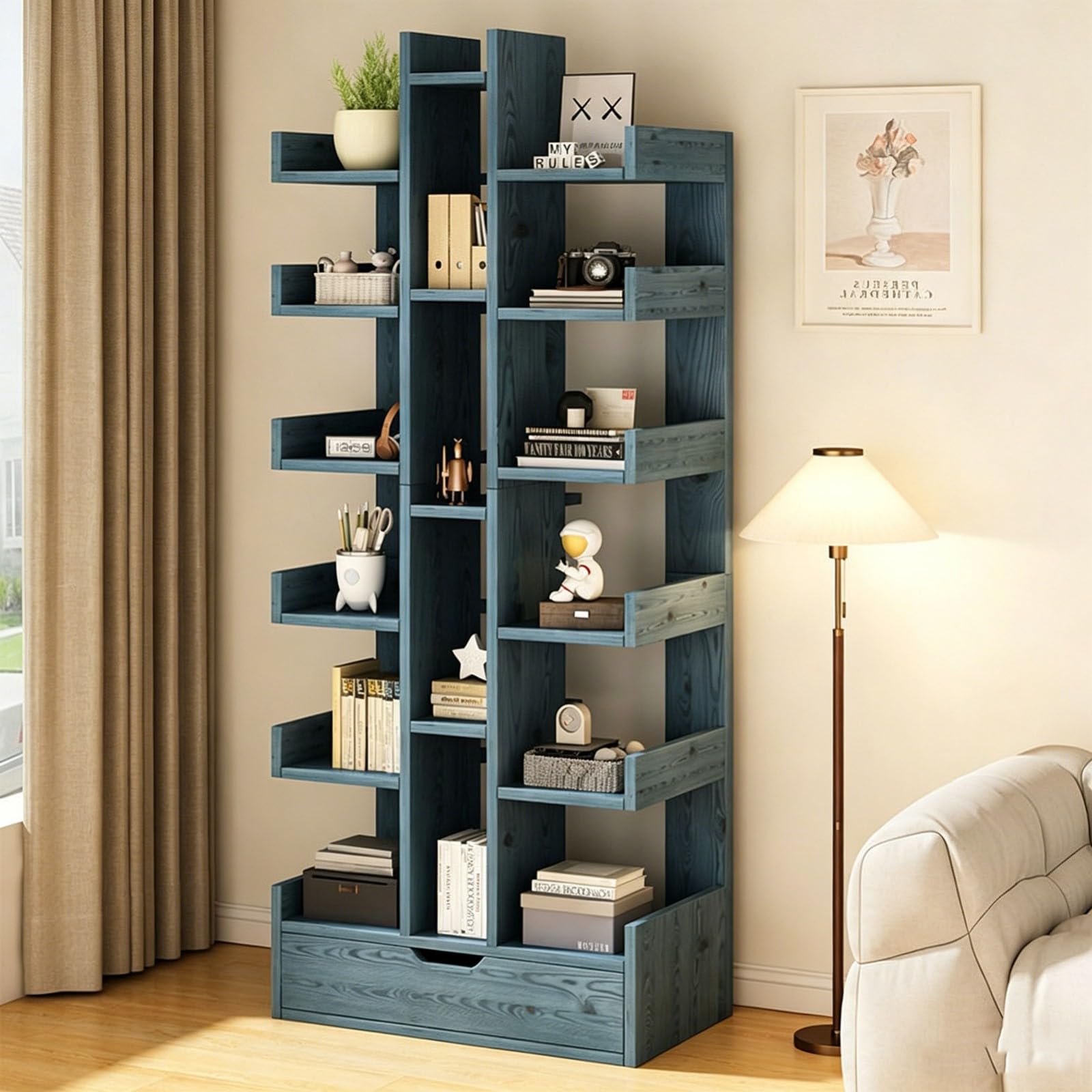 Estantería Vertical de 6 Niveles,Librería con Cajón,Estantería de Pie de Madera de Ingeniería,Gran Capacidad de Almacenamiento,51 X 18 X 172 Cm, para Salón,Dormitorio y Oficina C