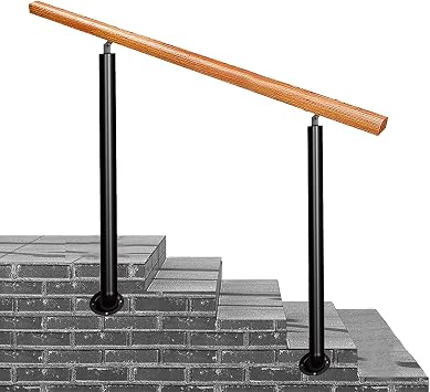 Hand Rail for Stair Outdoor Grab Rail, Solid Wood Transitional Hand Banister Railings with 2 Wrought Iron Posts, Stair Railing Kit Fits 2 or 5 Steps Length 24inch