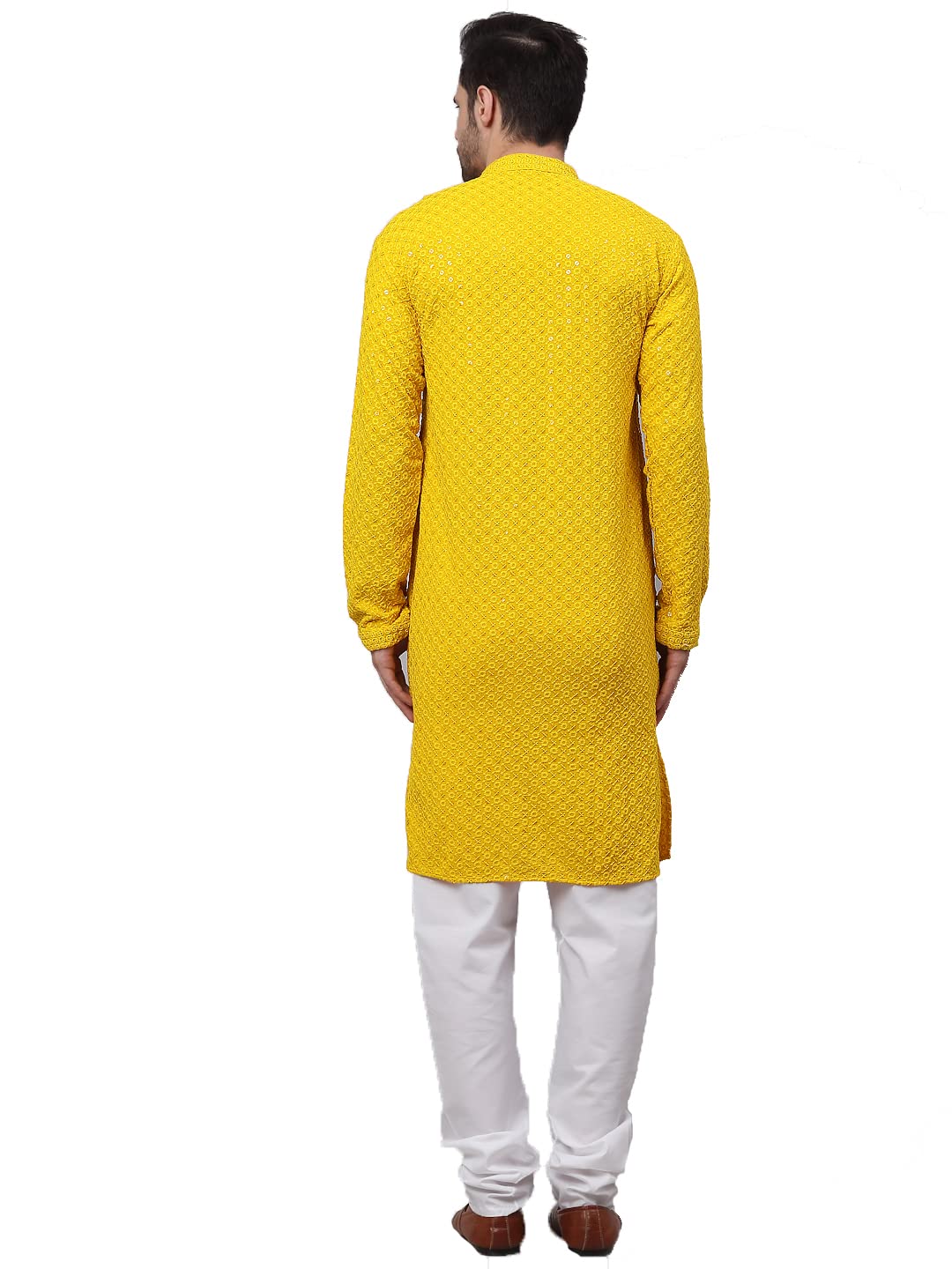 Jompers Men Chikankari Embroidered And Sequence Kurta With Churidar (Yellow, Xxl)