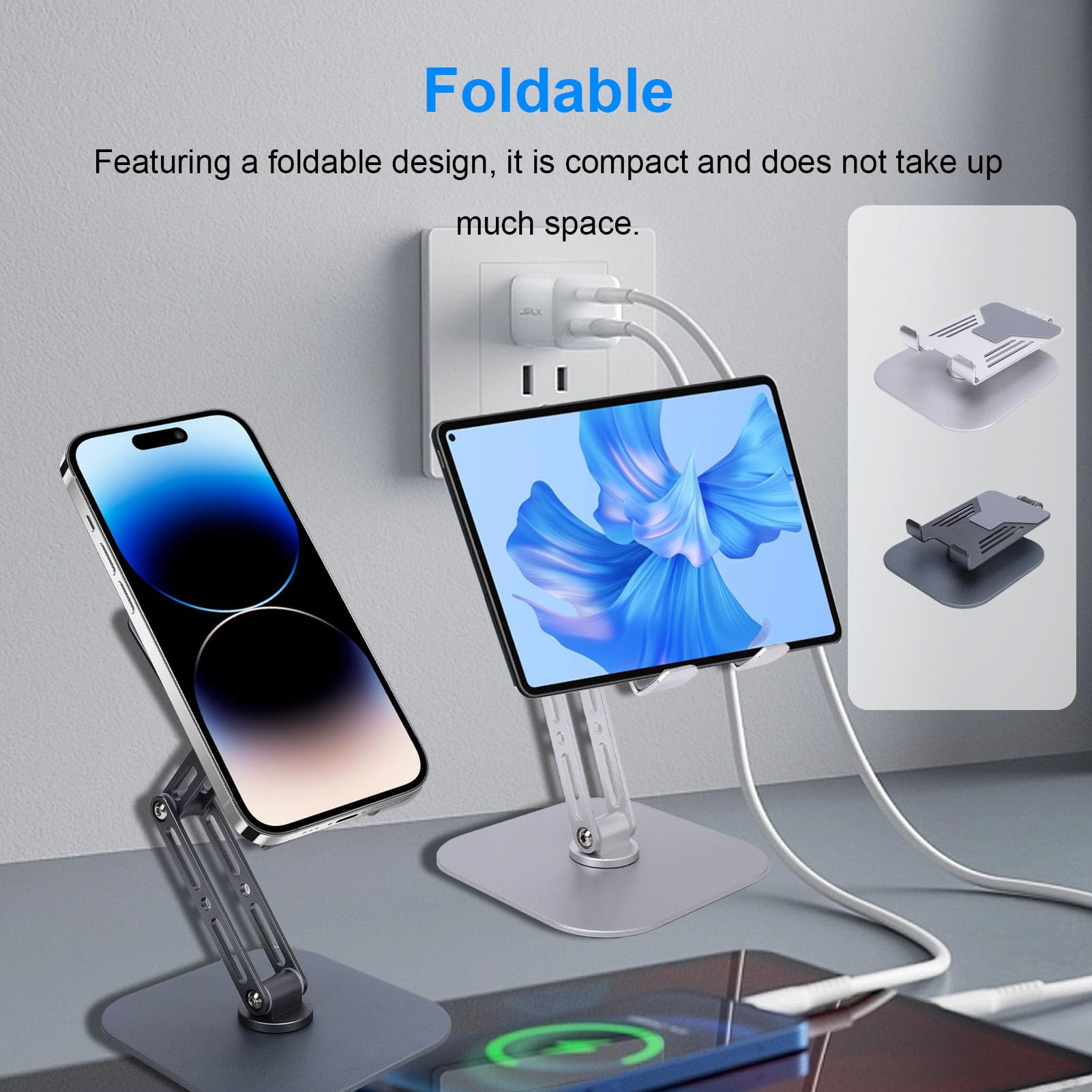 Supporto per tablet da scrivania Supporto per tablet da scrivania in metallo regolabile pieghevole girevole a 360 gradi per telefono cellulare e tablet Costruzione in lega (Argento)