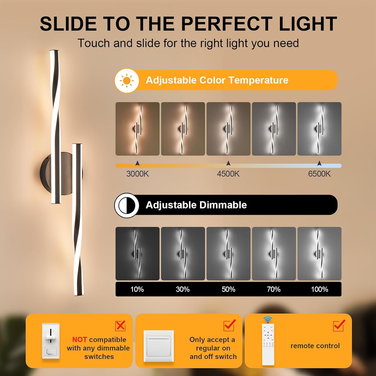 Benkut Modern LED Vanity Light Bathroom Black Wall Sconce with Remote Control Modern Bathroom Wall Lighting Fixtures Over Mirror for Bedroom Bedside, Dining Living Room, Hallway (30Inch 3000K-6500K)