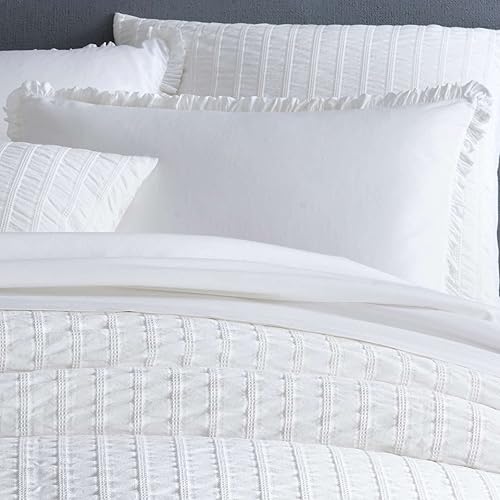 Funda de edredón blanca con volantes, tamaño King, patrón sólido blanco