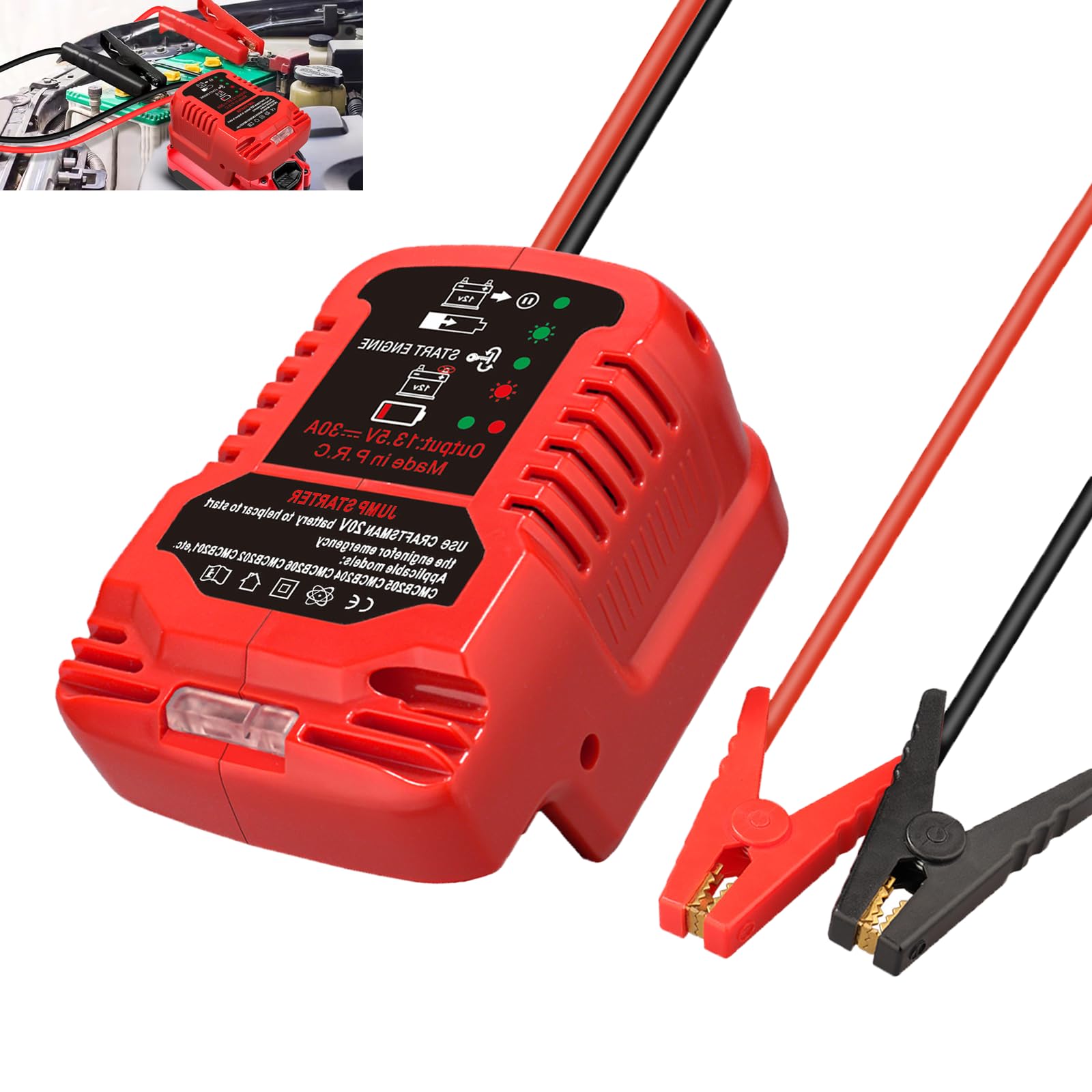 Jump Starter Adapter for Craftsman 20V V20 Li-ion Battery Powered with Jumper Cable Clamps Portable Car Charger Jump
