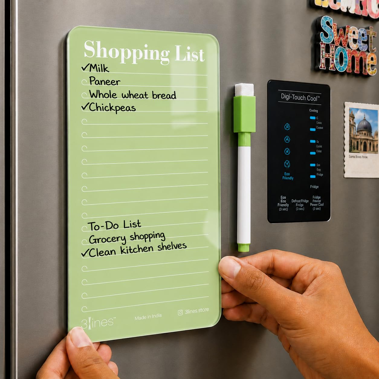 3 Lines Shopping List Fridge Magnet with Marker|Smart Planning & Shopping for Family, Working Professionals|to Do List| Acrylic Magnetic Notepad for Kitchen Organisation|12x24 cms|Kiwi Color|Large