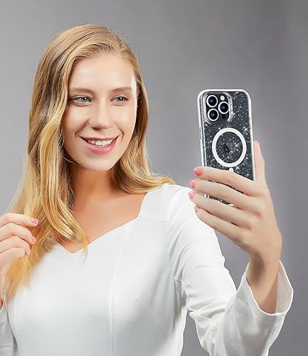 Miniatura 8 de Funda magnética brillante para iPhone 15 Pro compatible con MagSafe, 2 protectores de pantalla y 2 protectores de lente de cámara de diamante,