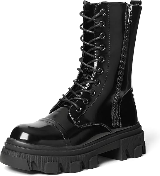 DREAM PAIRS Women's Combat Boots Lace up Mid Calf Boots Low Heel Chunky Platform Lug Sole Riding Boots