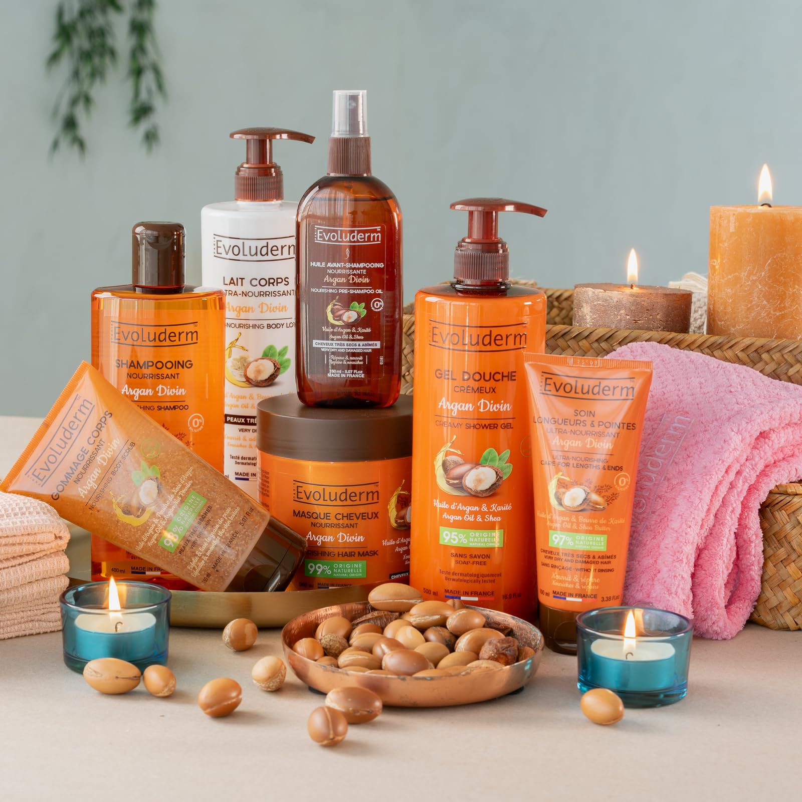 Evoluderm - Routine Nourrissante Corps & Cheveux 7 produits - Soin Corps et Cheveux - Nourrissant - Argan Divin - Fabrication Française