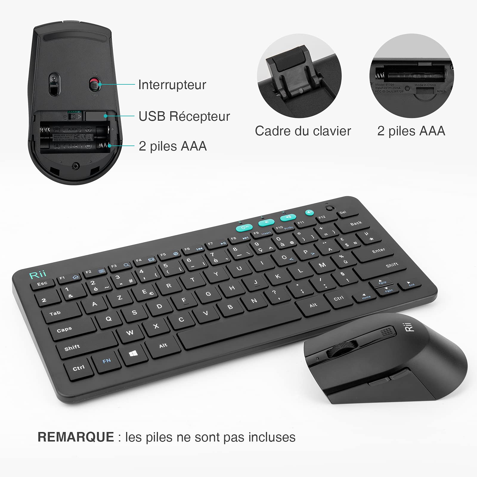 Rii Élite Combo sans Fil | Clavier Souris sans Fil PC/Ordinateur Portable | Clavier Ergonomique Trousse Main | Souris Optique 3 DPI Réglables | Molette Silencieuse | Design Français Élégant Noir