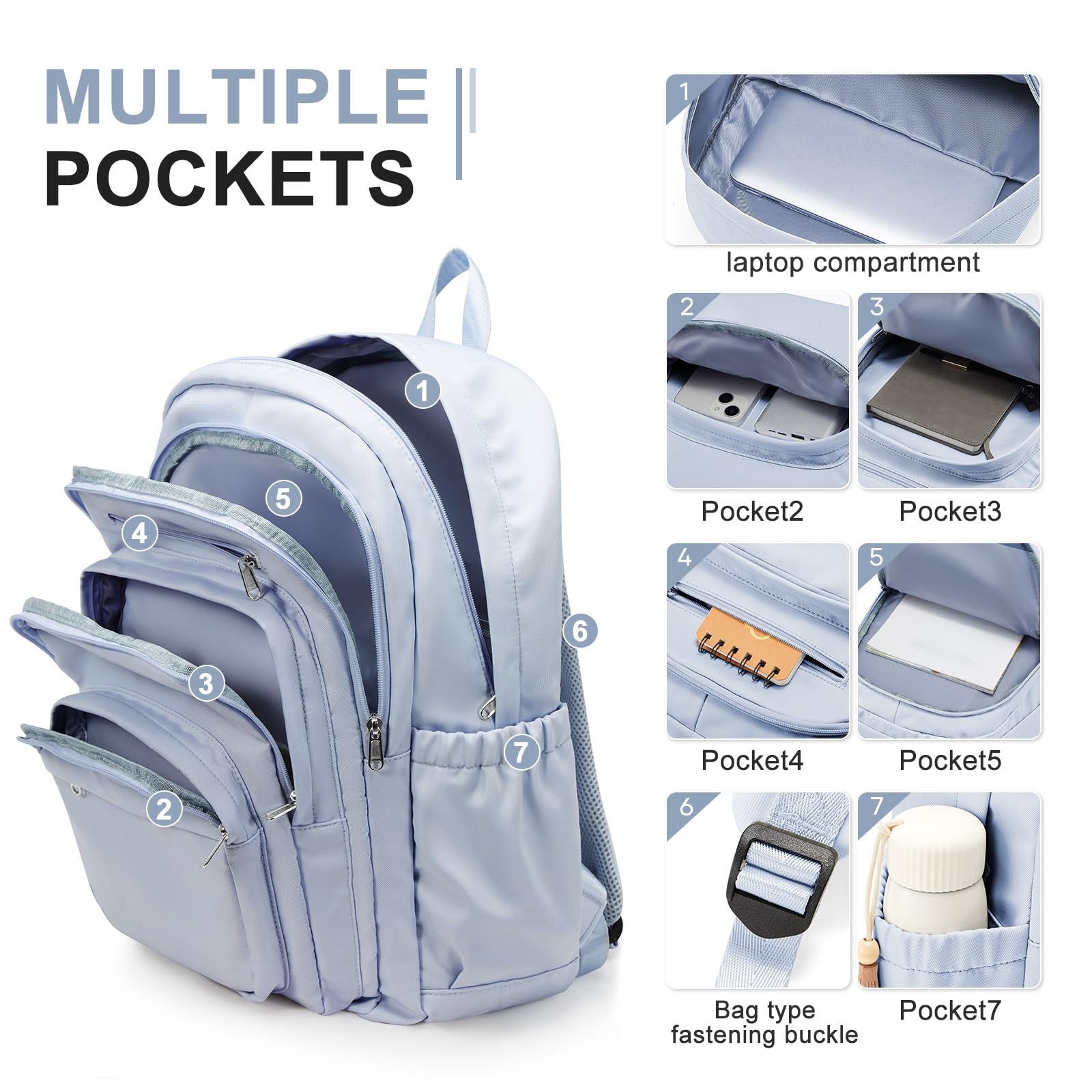 Zaino da Viaggio in Nylon Resistente all'Acqua Multi-Tasca Nero per Gli Studenti Adolescenti Spazioso Daypack-Beige