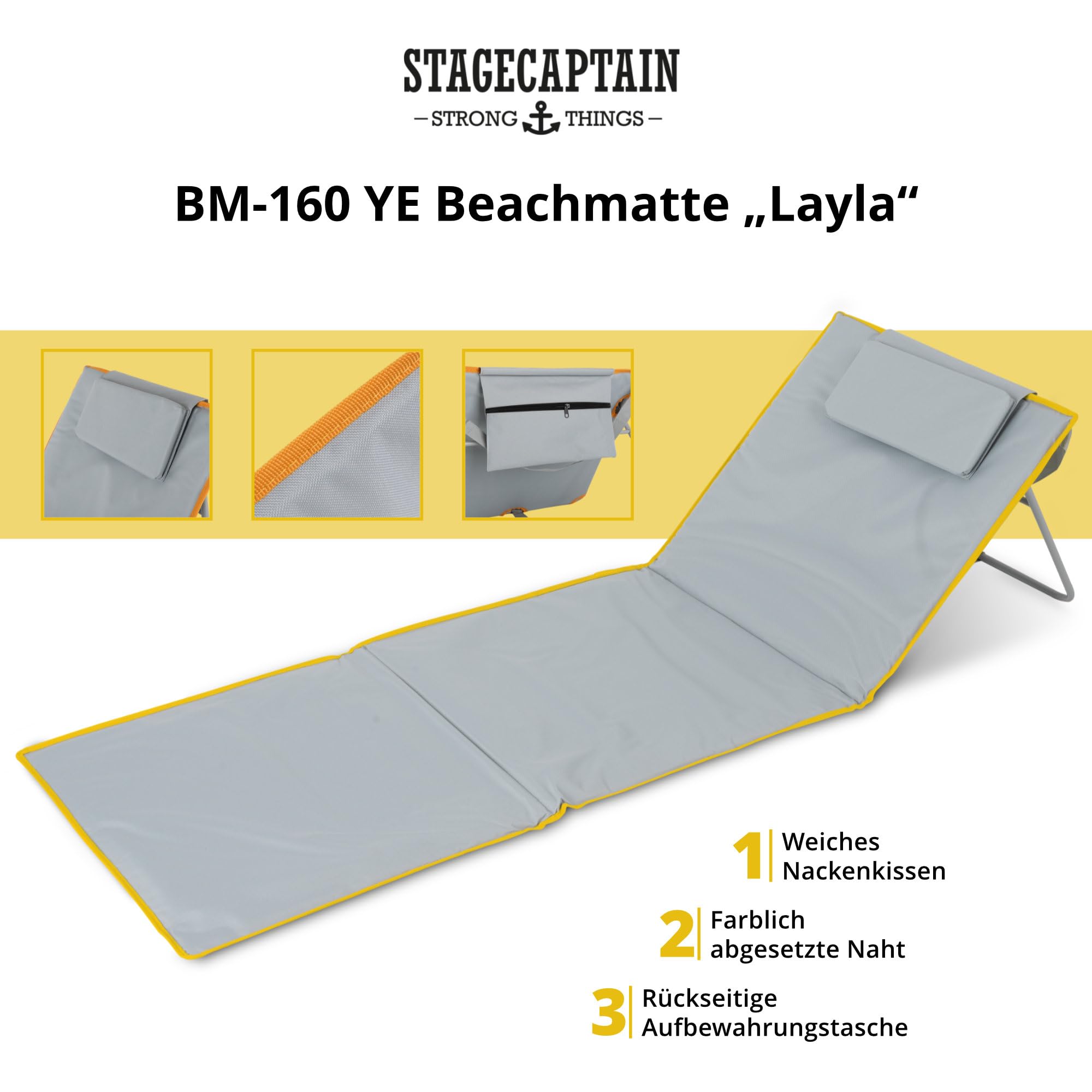 Stagecaptain Beachmatte “Layla” 2X Set - Gepolsterte Strandmatten mit Kopfkissen - Verstellbare Rückenlehne - Aufbewahrungstasche mit Reißverschluss - Leichte Faltbare Strandliege mit Tragegurt