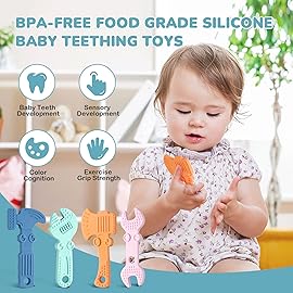TYRY.HU Baby Teething Toys for Babies, Baby Teether Toys, BPA Free Silicone Baby Molar Teether Chew Toys, Hammer Wrench Spanner Pliers for Boys Girls, Soft-Textured, Easy to Hold & Clean, 4 Packs