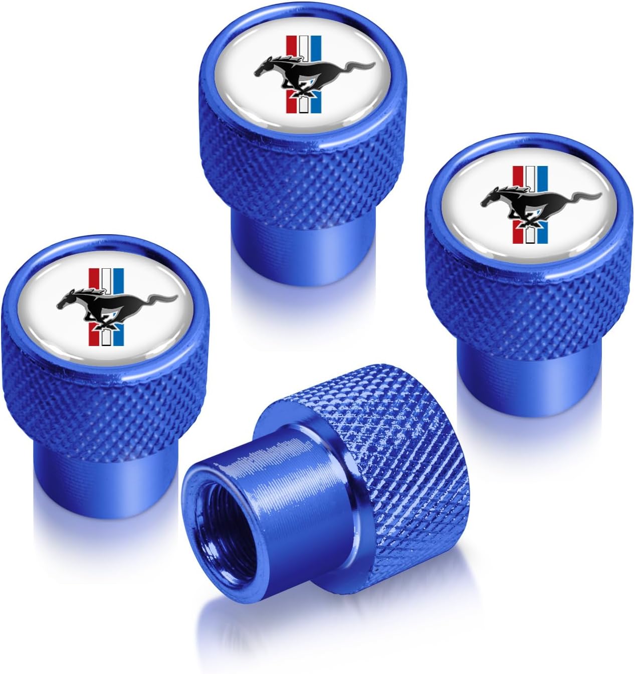 iPick Image for Ford Mustang Tri-Bar in White on Blue Easy-Grip Aluminum Tire Valve Stem Caps