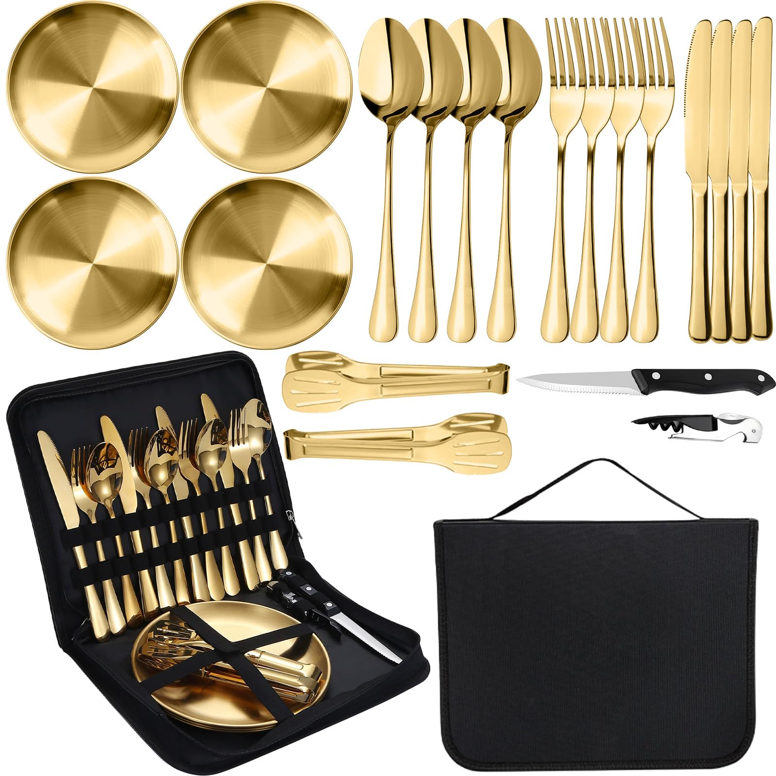 MORAINJAY Gold Camping Cutlery Set for 4 Person,20P Portable Tableware Set for Hiking,Food-Grade Stainless Steel Picnic Utensils Set with Spoons Forks Knife Clip Plate,Case with Zipper