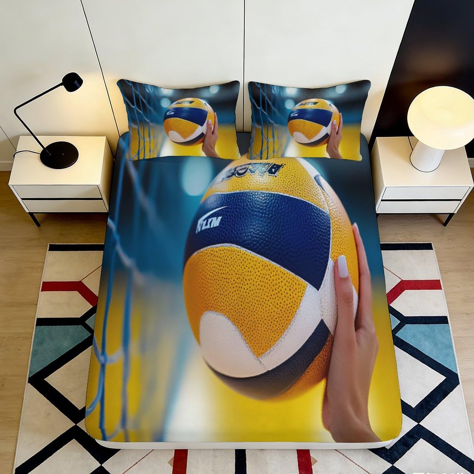 3D Printed Volleyball Fitted Sheet Microfiber Deep Pocket Non-Slip Bedroom Bedding Volleyball Mattress Fitted Cover for Adults Teens 200x200x25cm 90x200x25cm