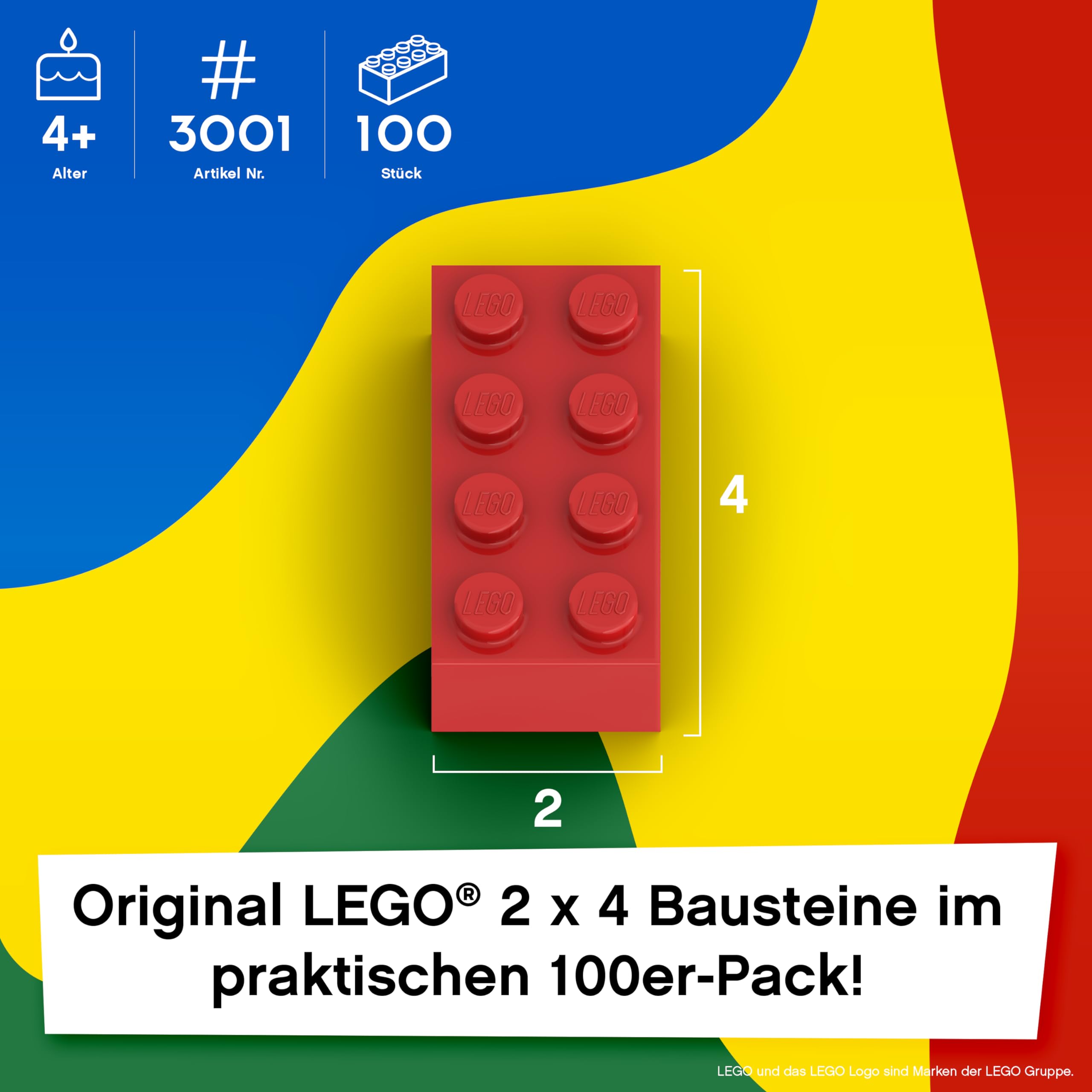 LEGO Steine 2x4 Bunt, 100 Stück - Einzelne LEGO Bausteine XXL, Grundbausteine für Legoplatten und Bausteine Classic Box, 8er Legosteine Classic ab 4 Jahre | Basic Bricks (3001)