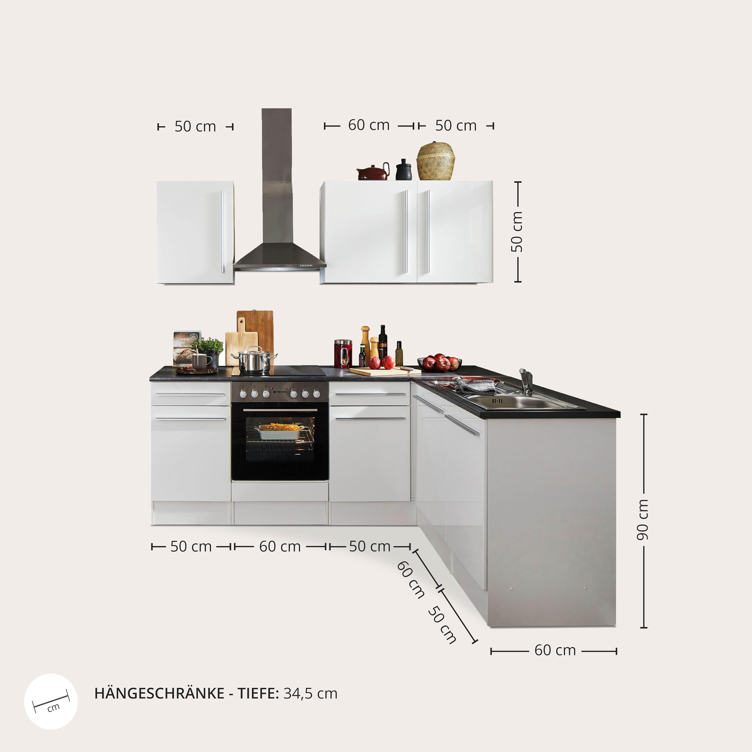 Jazz 8 Moderne Eckküche ohne Elektrogeräte in Weiß Hochglanz, Metallic Grau - Geräumige Küchenzeile in L-Form mit viel Stauraum - 220 x 211 x 60 cm (B/H/T)