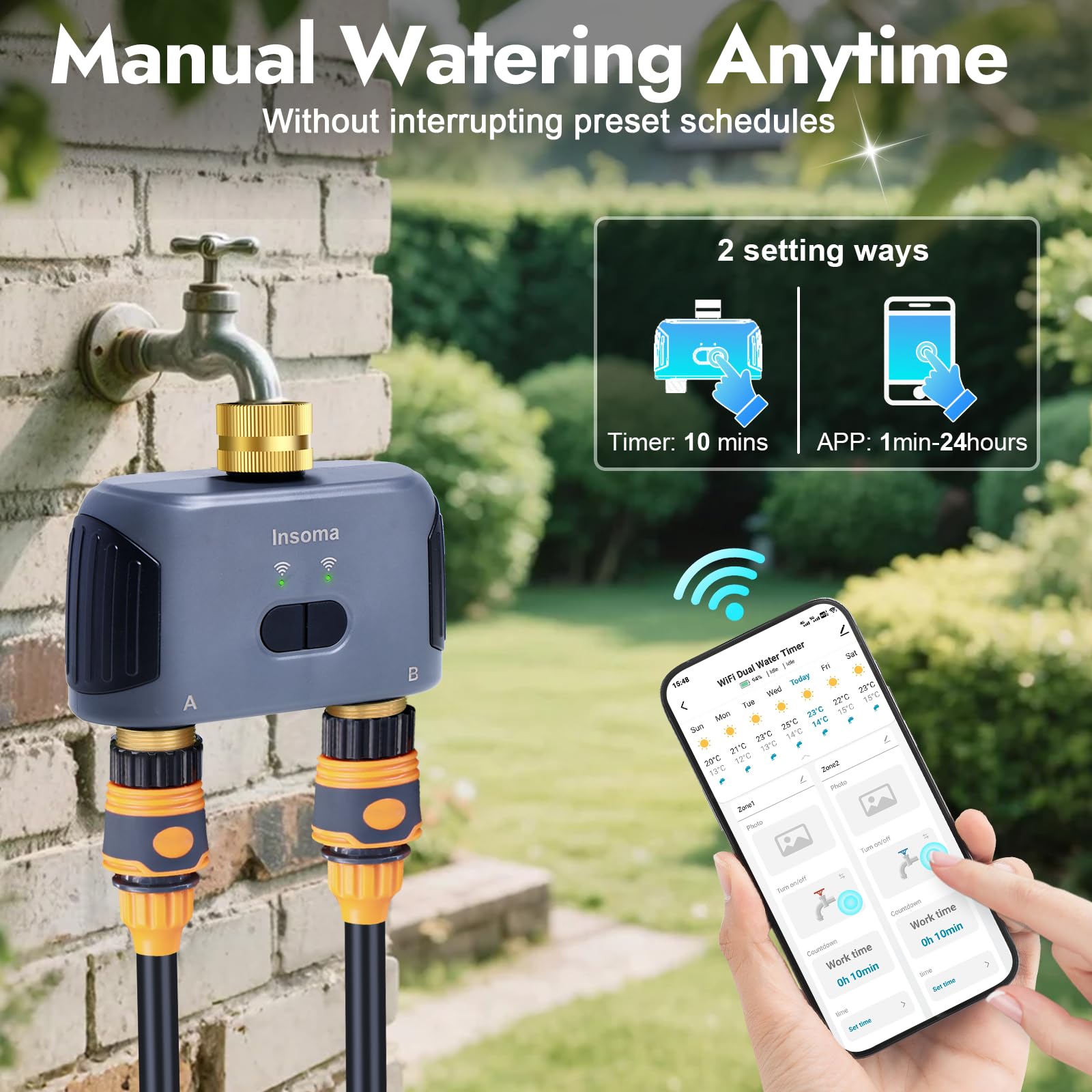 Timer wody WiFi do węża ogrodowego z mosiężnym wlotem i wylotem, inteligentny timer węża z koncentratorem WiFi, aplikacją i sterowaniem głosowym, do 20 planów nawadniania, 2-strefowy kontroler systemu