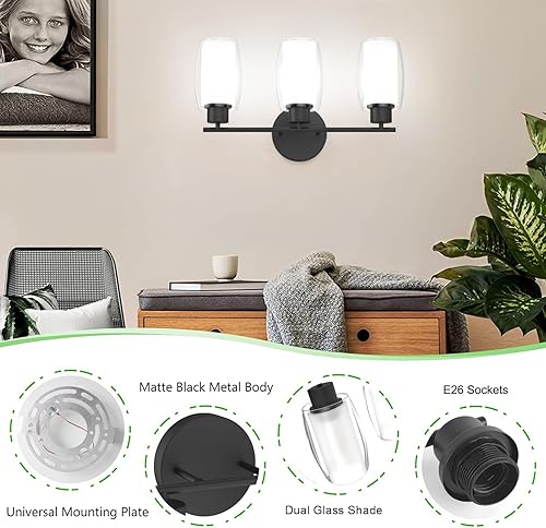 Miniatura 3 de Aipsun Lámpara de tocador negra de 3 luces para baño con vidrio transparente y vidrio esmerilado, moderno bahthroom que pasa sobre el espejo