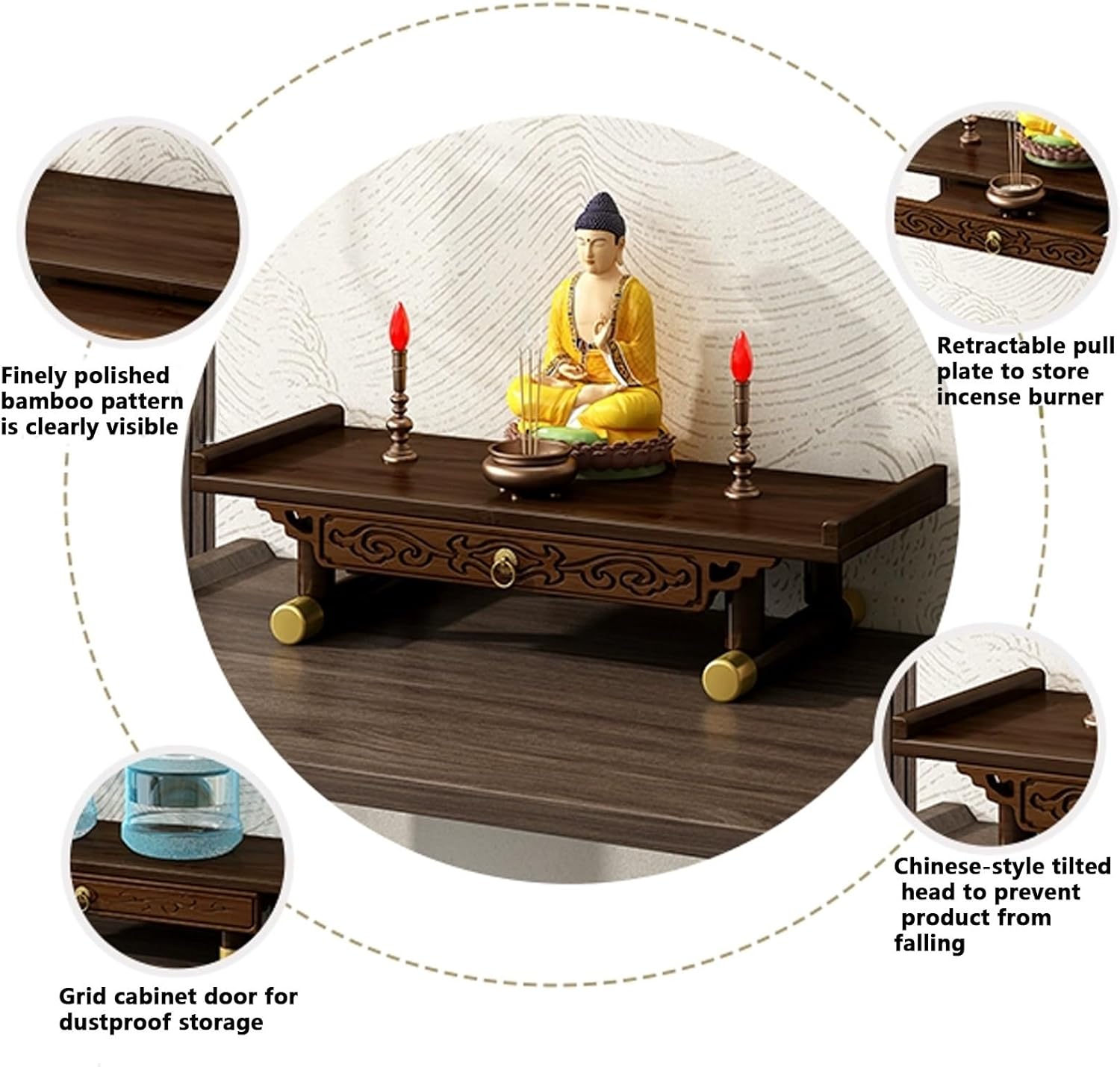 Personal Shrine Altar Table, Meditation Table, Buddha Niche Chinese Cabinet with Storage, Bamboo Buddha Display Pedestal Offering Tables, Ideal for Home Decor and Meditation(66cm/25.9in)