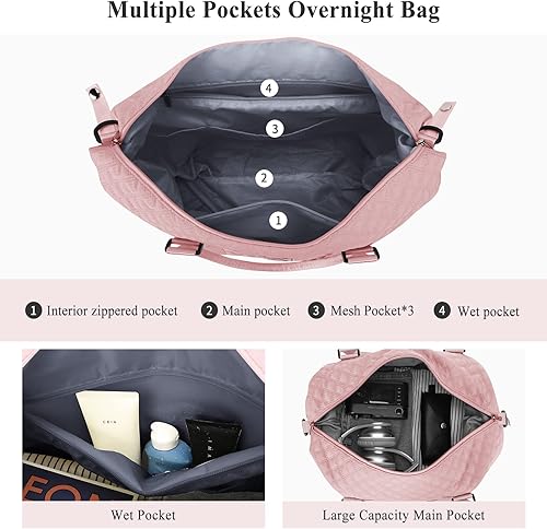 Miniatura 5 de Bolsas de lona de viaje para mujer, bolsa de fin de semana con bolsillo para artículos personales y bolsa de aseo personal, grande, Cuadrícula-Rosa,