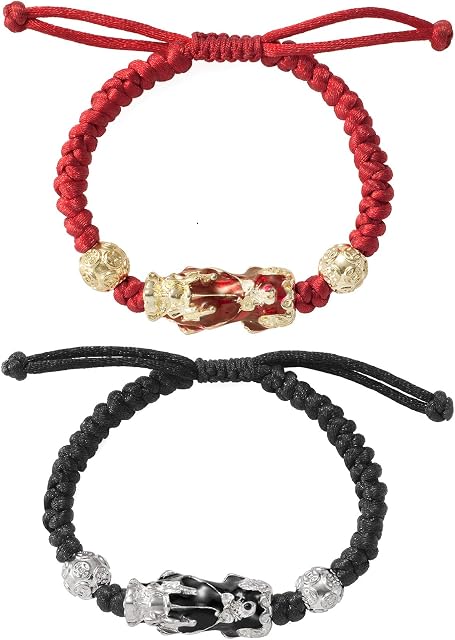 2 Pcs Feng Shui Pixiu Adjustable Handmade Braided Rope Bracelets Set Lucky Wealth Bracelet Couple Friendship Charm Jewelry