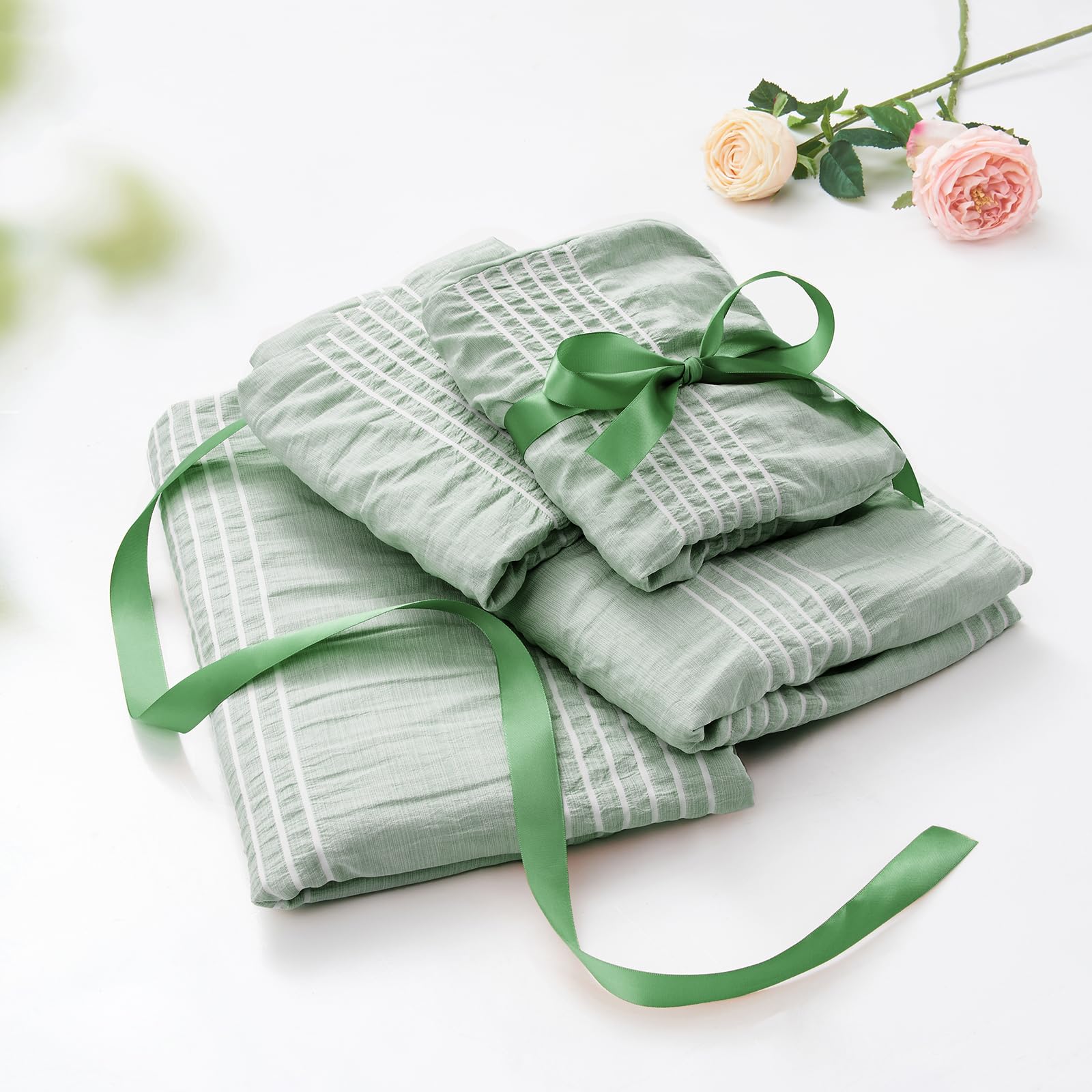 Qucover Funda Nordica Cama 135/150 - Verde Fundas para Edredón 200x200cm con 2 Fundas de Almohada 80x80cm, 3 Piezas Juego de Ropa de Cama de Diseño de Rayas Blancas con Cremallera