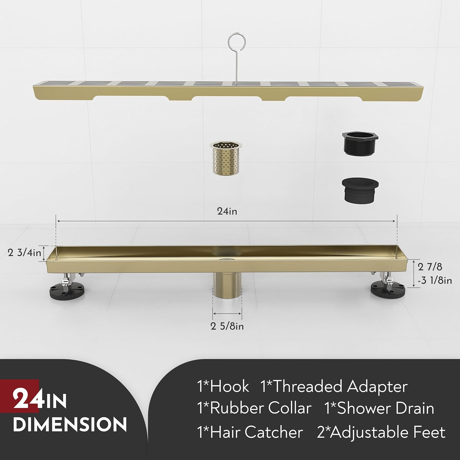 WEBANG 24 Inch Linear Shower Drain Rectangular Floor Drain with Accessories Fence Pattern Cover Grate Removable SUS304 Stainless Steel Watermark&CUPC Certified Brushed Gold