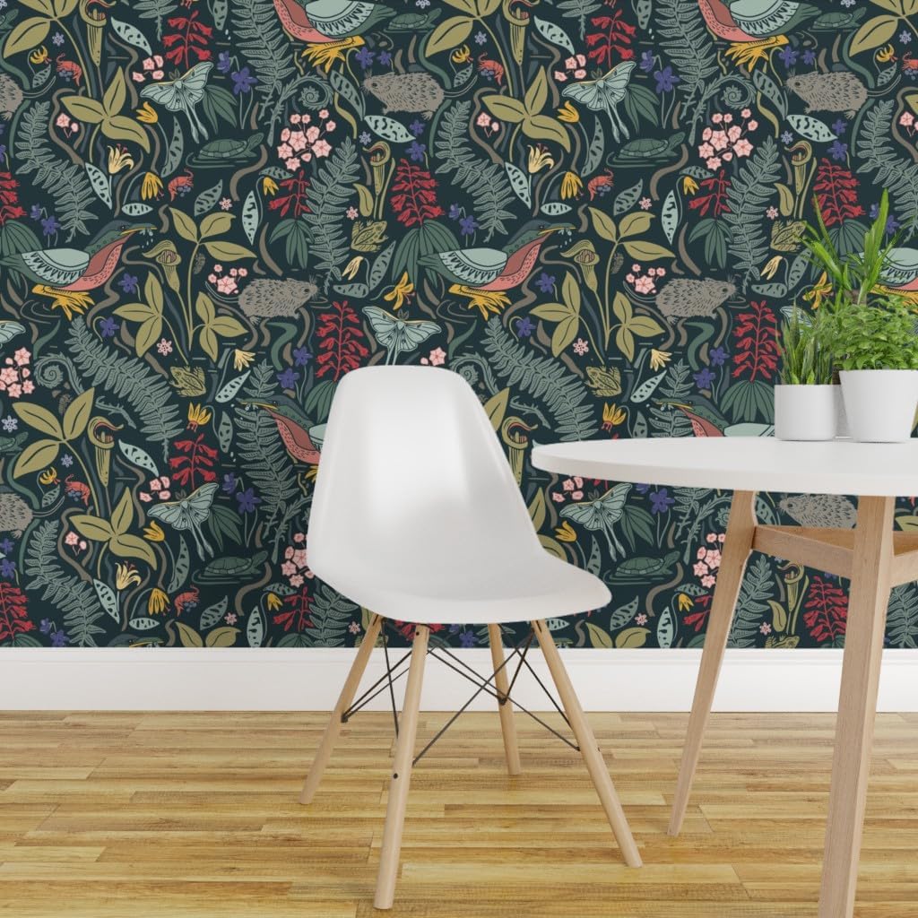Spoonflower Removable Wallpaper 12ft x 2ft - Maximalist Botanical Nature Floral Woods Forest Wetland Plants Frog Eno Moth Cicada Custom Pre-Pasted Wallpaper