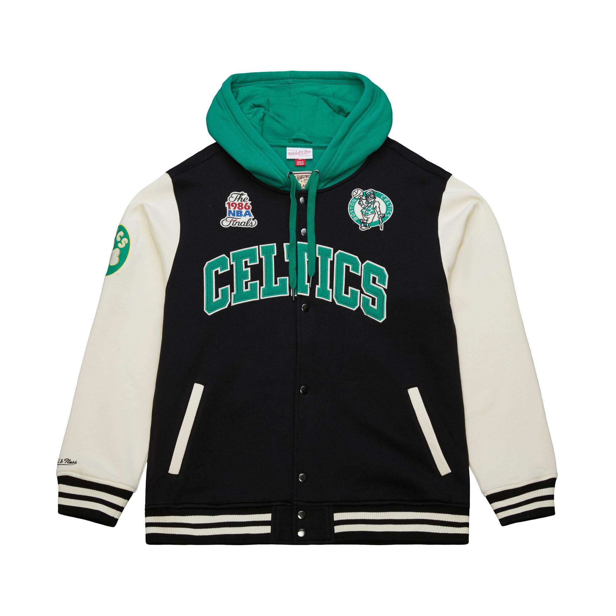 Mitchell & Ness Courtside Chaqueta de forro polar con capucha, diseño vintage de la NBA con capucha, mangas de colores y cierre de botón a presión, unisex, para primavera, verano, otoño, invierno