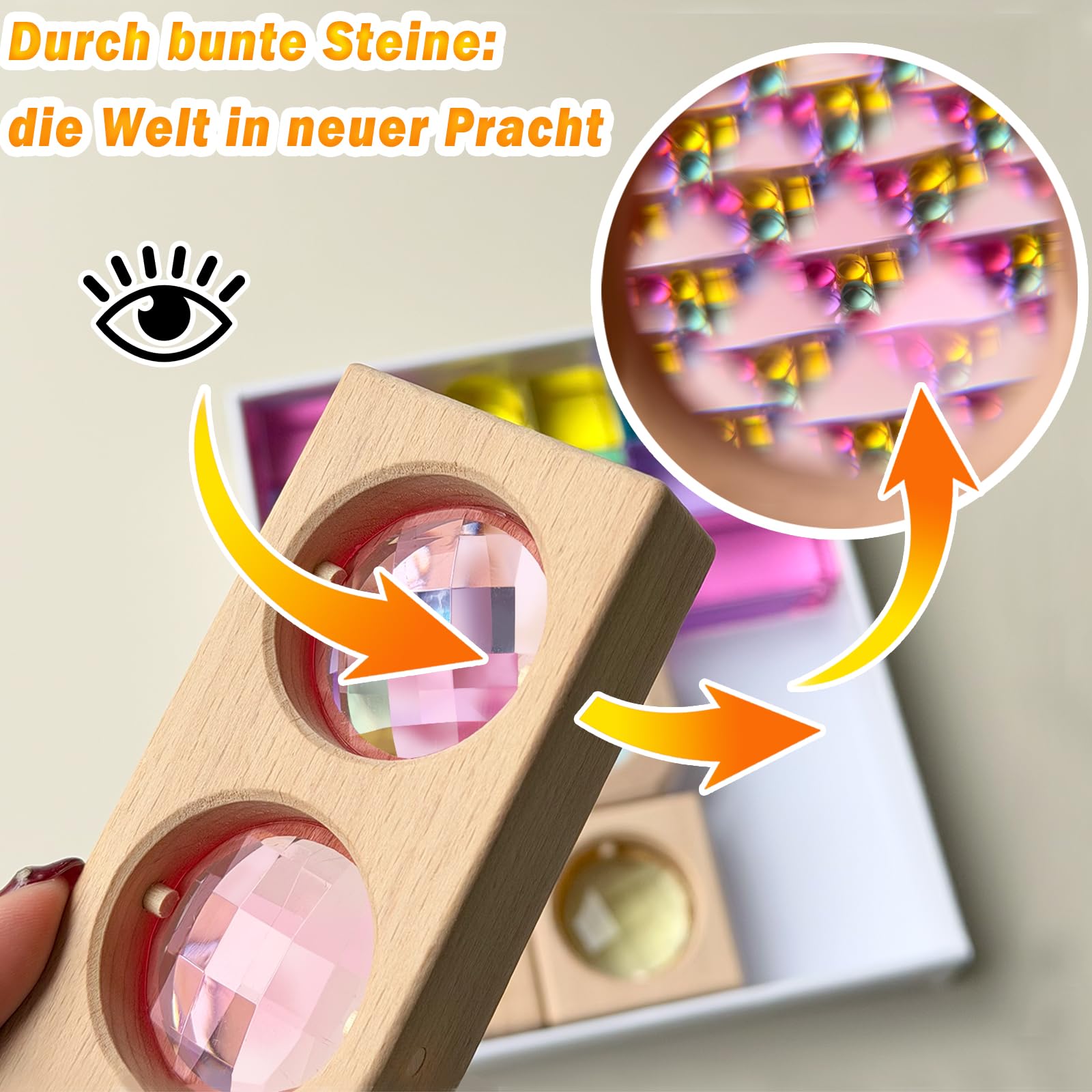 Acryl Bausteine Set, 19-teilig lichtbausteine, Stapelbar für Lichteffekte | Transparente Acryl Bausteine Würfel, Quader, Zylinder & Holz-Gem-Würfe, Sensorik Förderung bei Kindern (Rainbow)