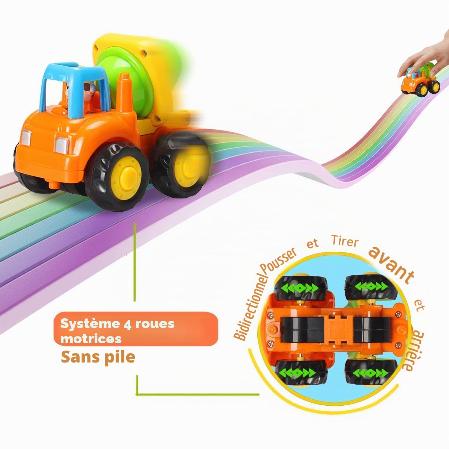 MOONTOY Voiture Enfant 2 Ans,Voiture Friction Jouets pour Garçon Fille,Set de 4 avec Tracteur,Bulldozer,Mixeur de Camion et Camion,Cadeau 1 2 3 Ans