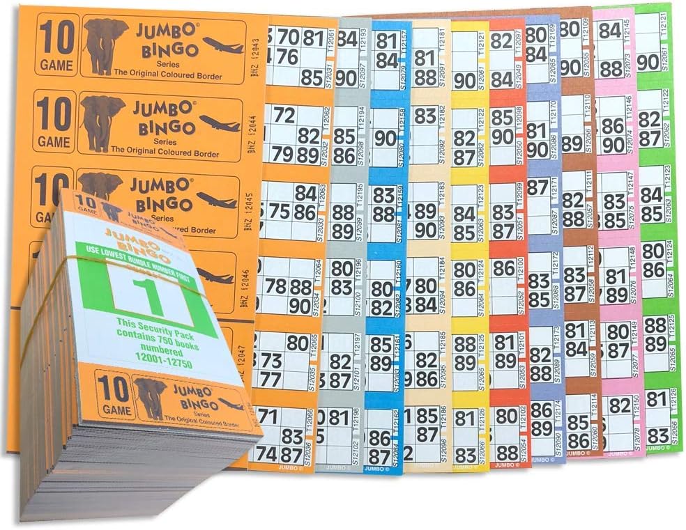Jumbo Bingo 750 BOOKS 10 PAGE GAME STRIPS OF 6 TV TICKET SHEET BIG BOLD NUMBERS