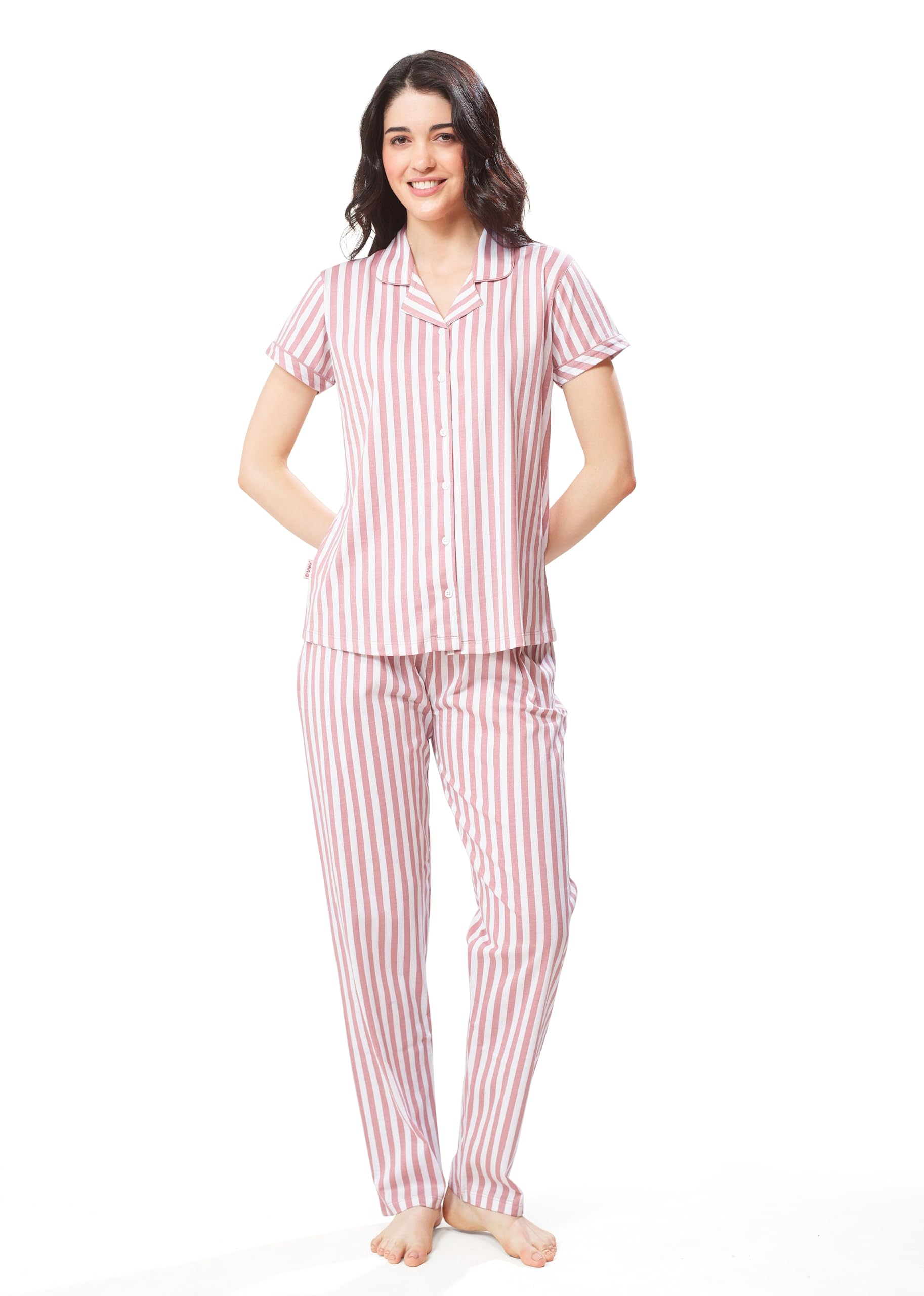 Women's Cotton Strip Print Shirt-Payjama Half Sleeve Nightsuit Set-image-26