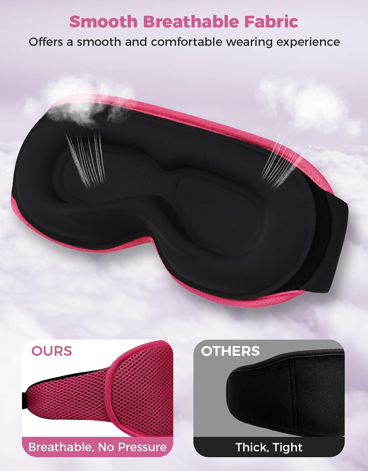 Sleep Mask with Bluetooth Headphones, Removable 3D Contoured Cup, Wireless Eye Mask for Sleep, Sleeping Headphones with Thin Stereo Speakers for Men, Women, Travel, Relaxation - Rose Red