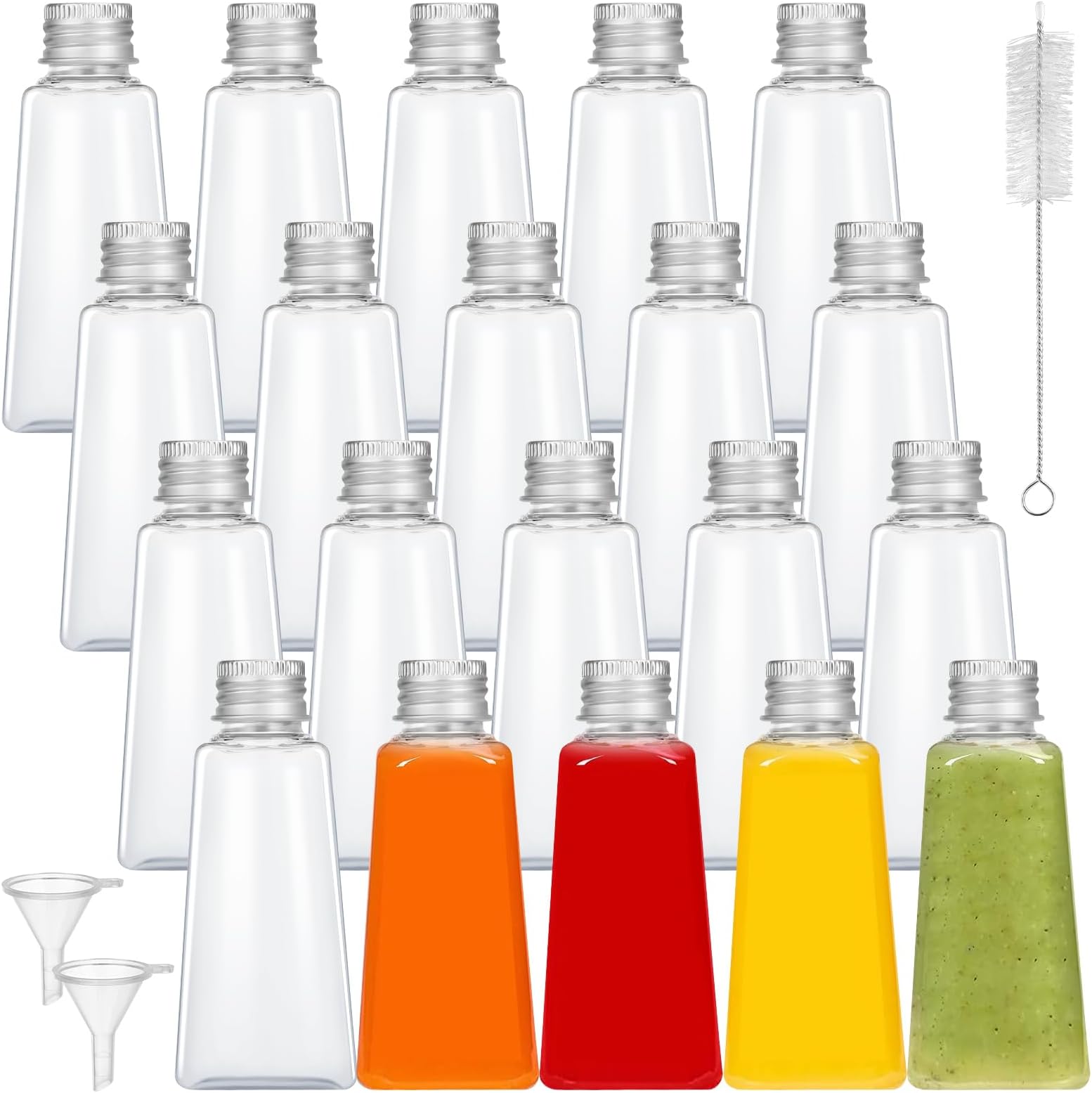 20 PCS 60ml Mini Liquor Bottles Reusable Plastic Empty Spirit Bottles Small Shot Bottles Juice Bottles with Screw Cap Funnel Cleaning Brush Miniature Bottles for Wedding Party Picnic