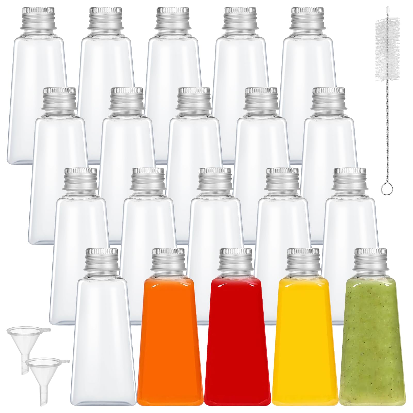 20 PCS 60ml Mini Liquor Bottles Reusable Plastic Empty Spirit Bottles Small Shot Bottles Juice Bottles with Screw Cap Funnel Cleaning Brush Miniature Bottles for Wedding Party Picnic