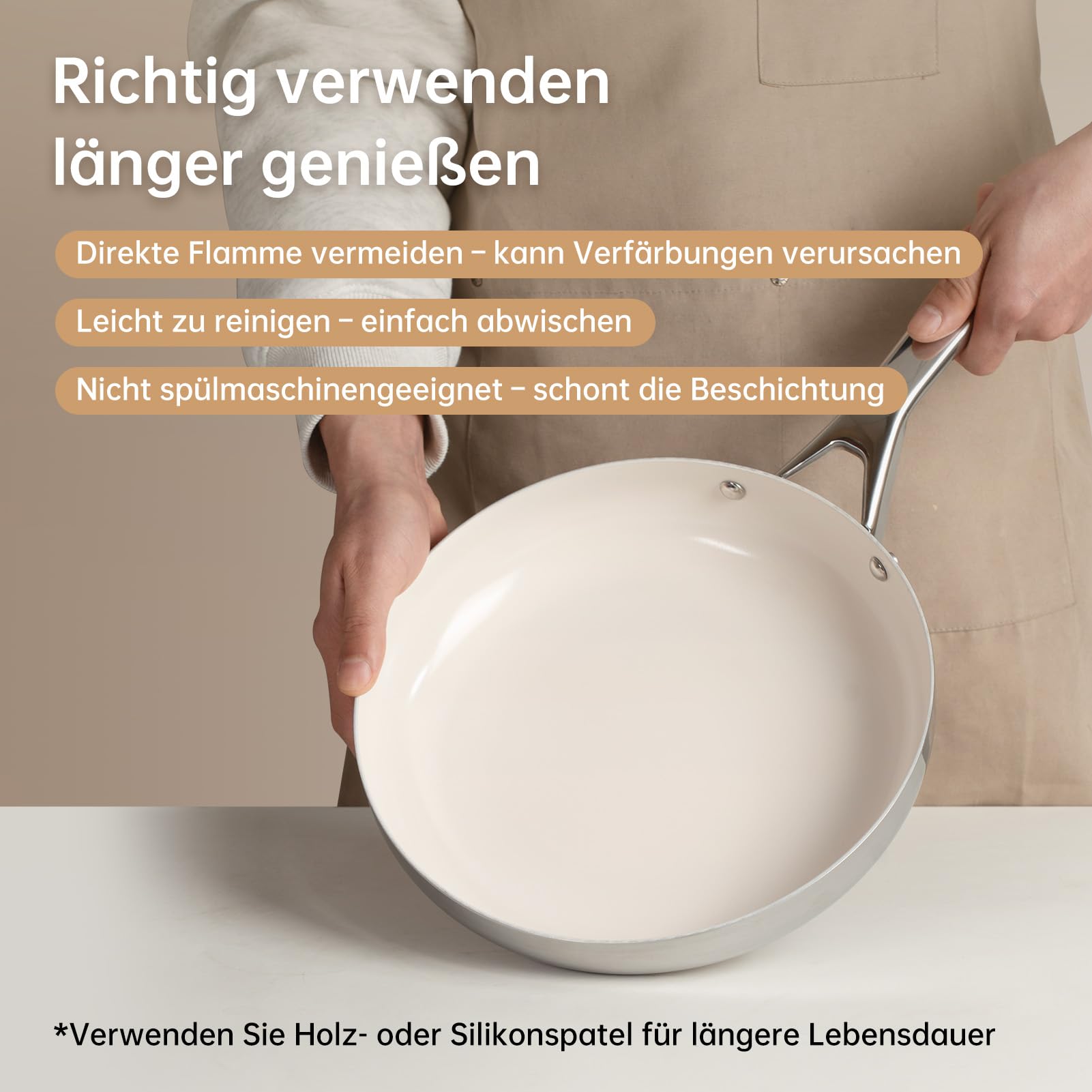 Tjean Antihaft Keramikpfannenset (Ohne PFTE, PFOA, PFAS) mit Edelstahlgriff, geeignet für Induktions-, Gas-, Elektrokochfelder und den Ofen bis 280°C (Cremefarben, 20+24+28cm)