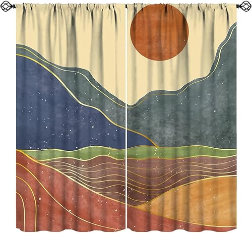 Miniatura 19 de Cortinas Retro de Atardecer, Bohemio de Mediados de Siglo Moderno Abstracto Amanecer Japonés Azul Ola del Océano Opacas Tratamientos de Ventana para