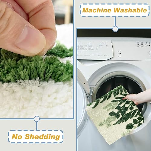 Miniatura 6 de Baccessor Alfombra de baño verde con hojas verdes, tapete de baño absorbente y antideslizante estético, tapete para niños y niñas, tapete lavable