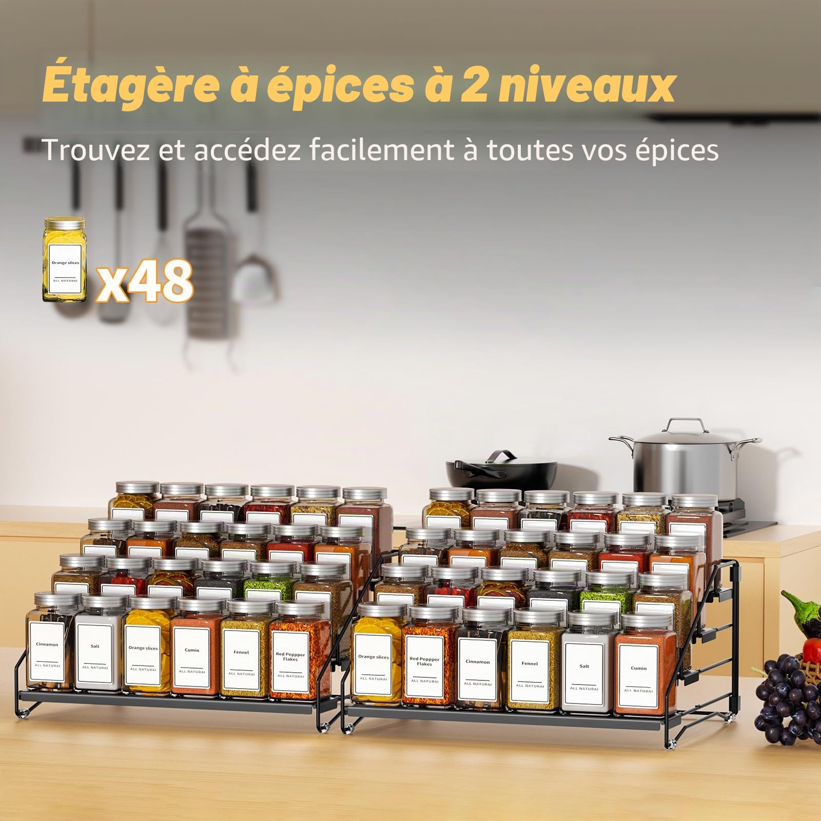 Rangement Epices Cuisine, Organisateur de Placard 4 Niveaux, Étagère à Étpices de Extensible pour Placard, plan de travail, Cuisine, Porte-Épices en Métal, Noir Lot de 2
