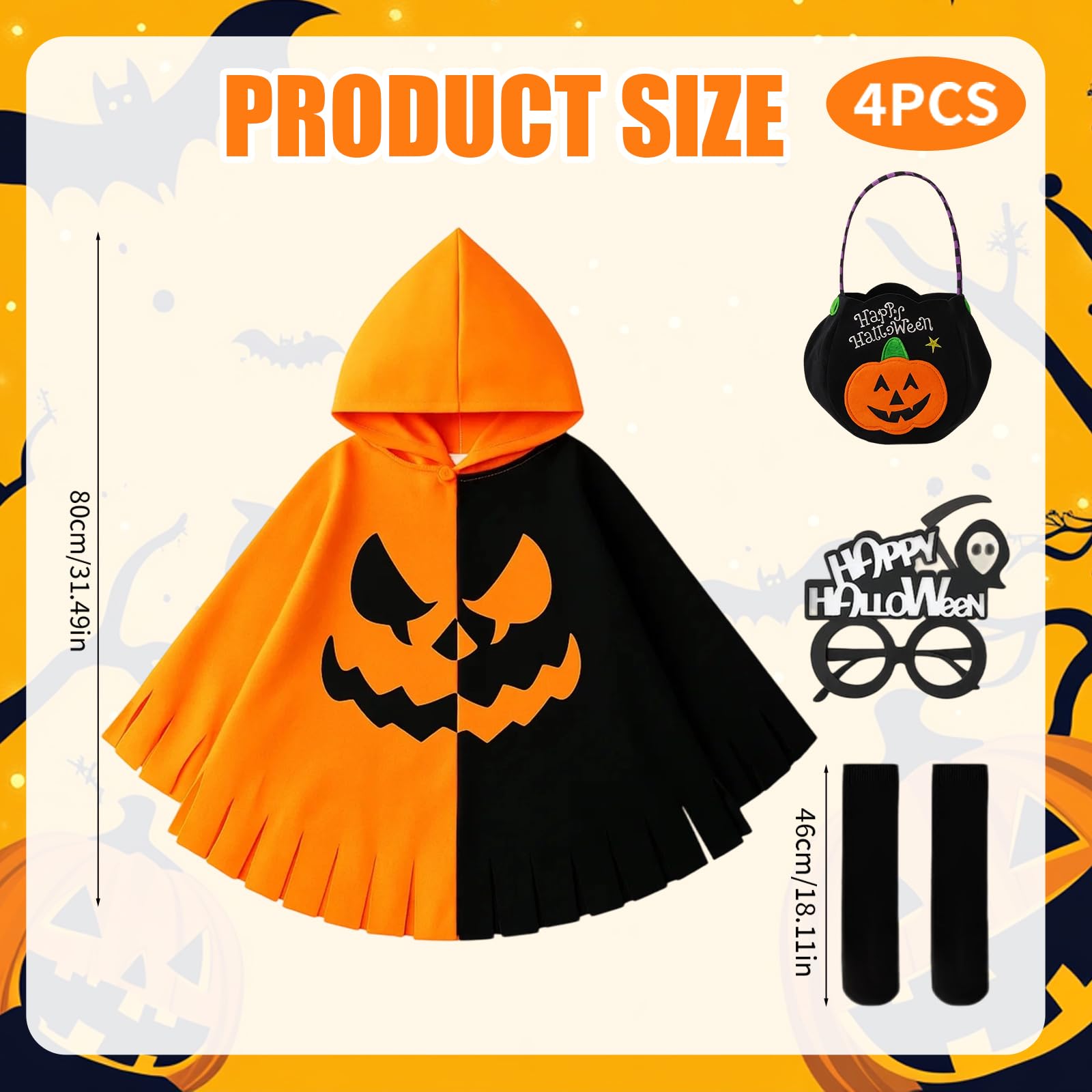 Pumpkin Costume Kids,Halloween Costumes for Kids,4 Set Include Pumpkin Cloak Socks Glasses and Bags,Girls Boys Costume for Carnival for 14+ Years Old - Image 2