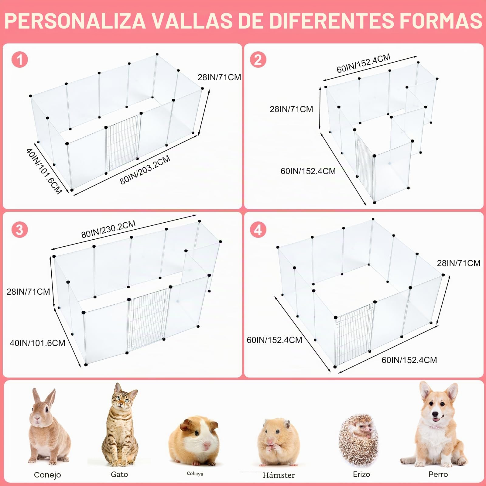 BRIAN & DANY Valla para Mascotas, Jaula para Conejos, Hámsters, Erizos, Valla para Animales Pequeños Jaula Modular, Parque con Puerta, 12 Paneles, 203 x 101 x 71 cm