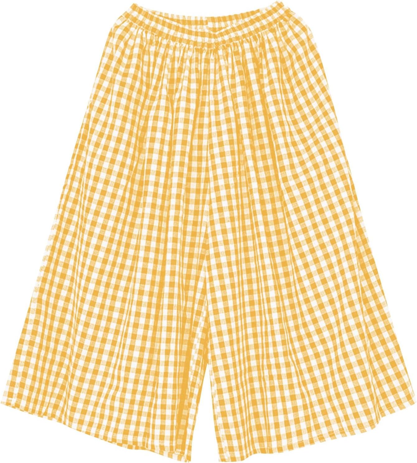 Women's Plaid Gingham Wide Leg Pants Elastic Waist Loose Culottes Flowy Capri Summer Casual Palazzo Pant with Pocket