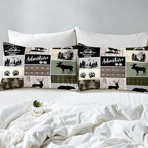 Miniatura 5 de Juego de funda de edredón para niños de aventura de camping, tamaño matrimonial, juego de ropa de cama de caza de ciervos, osos, lobo, animales y