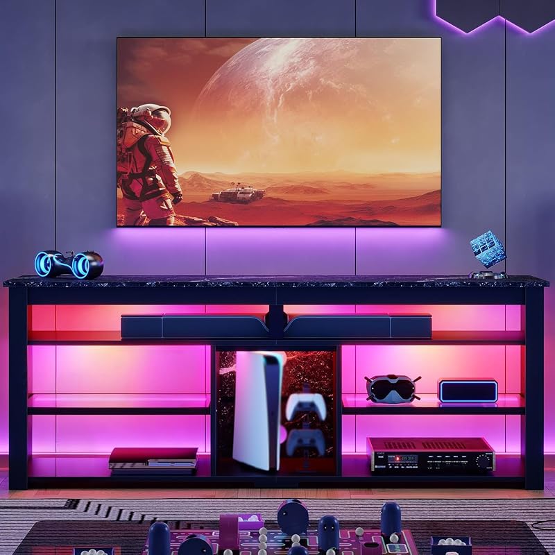 Bestier TV Stand for 70 inch TV, Tall Entertainment Center with 2 Led Lights, Gaming TV Console with Storage for PS5, Modern TV Cabinet for Bedroom, Living Room, Black Marble image 2
