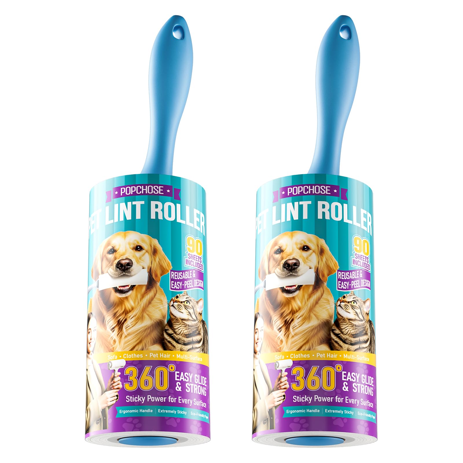 POPCHOSE Lint Roller for Pet Hair Extra Sticky, 180 Sheets with 2 Handles