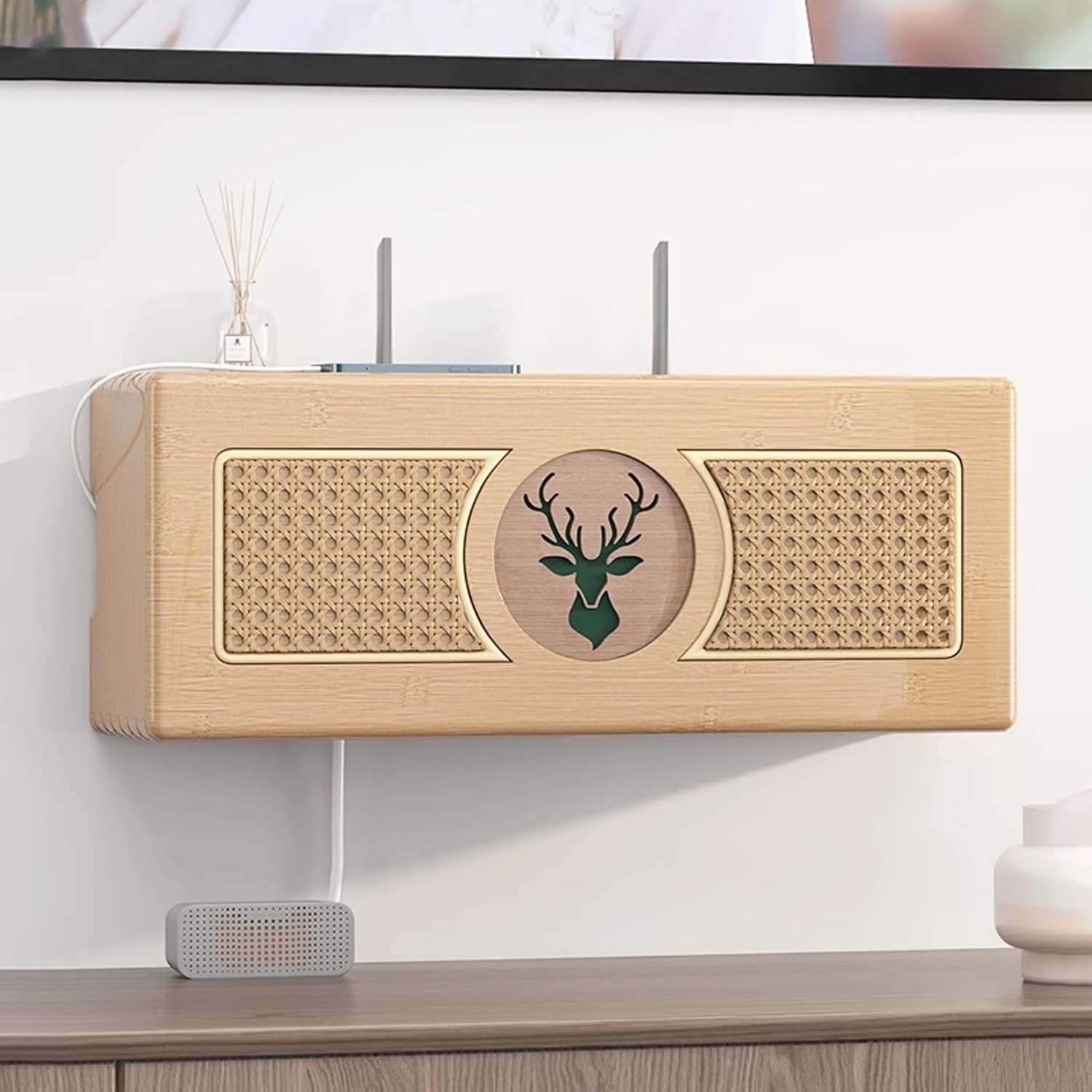 Bamboo WiFi Router Storage Box & Cable Management Hider, 27.5in Decorative Shelf for Home & Office, Perfect for Organizing Cables & Enhancing Aesthetics