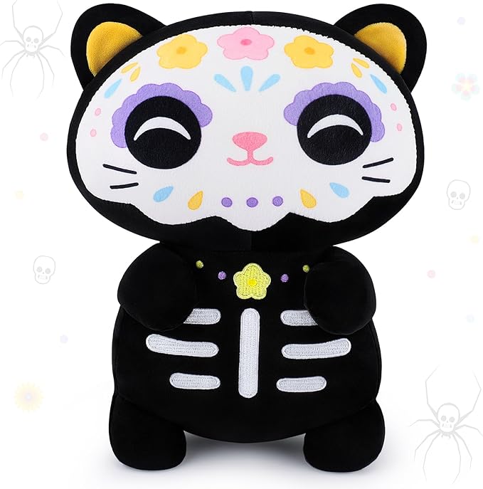 Achwishap Black Cat Stuffed Animal-14” Day of The Dead Cat Plush,Soft Cats Plush Toys Halloween & Día de Los Muertos Gifts for Kids,Cute Kitten Plushies,Kawaii Stuffed Pillow,Animal Pillow for Adults